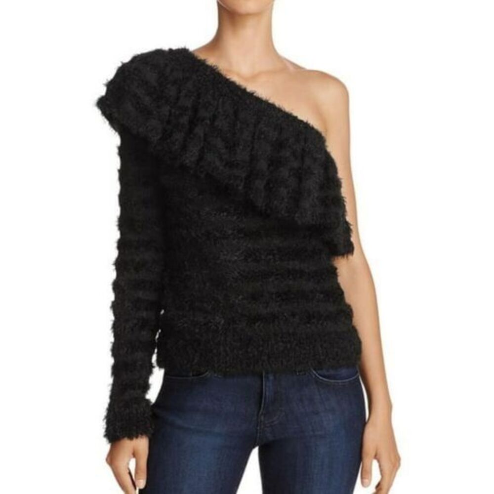 WAYF Johnie Ruffled One-Shoulder Shadow Stripe Pullover Black - Medium NWT